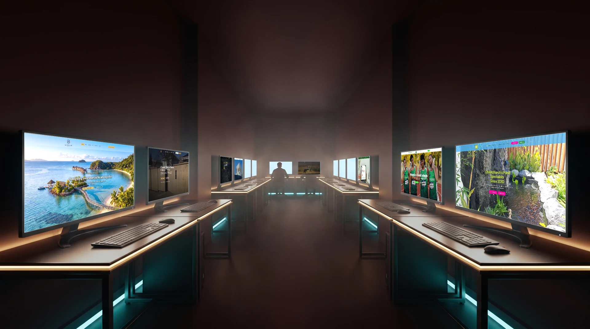 Eight websites built by Taki Consulting shown on screens in a neon lit studio, including Outrigger Financial, The Pond Company, Classic Timber Fences, Athletics Cook Islands, HYPD, It's In The Details, Collies Wealth and Kingdom Treatment